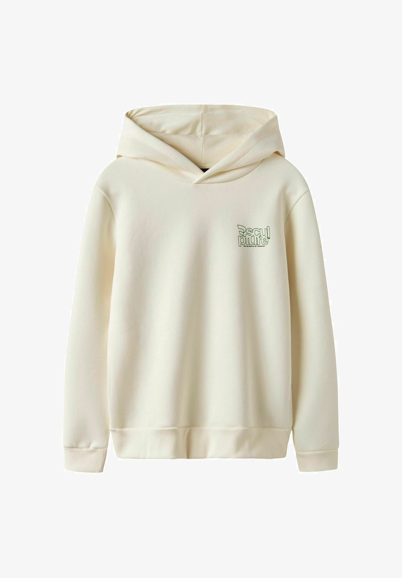 Felpa color crema con tasca a marsupio, polsini e orlo a coste. Presenta un piccolo logo verde sul petto. Tessuto morbido.