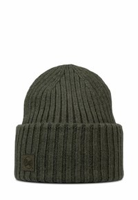 Dark green ribbed knit beanie with a folded cuff and a small logo patch on the front, made from soft, textured fabric.