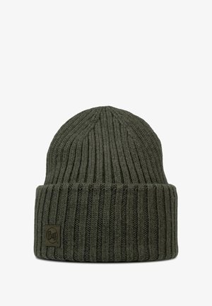 Dark green ribbed knit beanie with a folded cuff and a small logo patch on the front, made from soft, textured fabric.