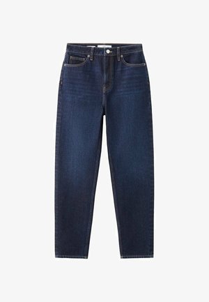 Jean denim bleu foncé à jambe droite avec cinq poches, fermeture à boutons et coutures visibles sur fond blanc.