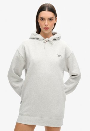 Grauer, übergroßer Kapuzenpullover mit verstellbarem Kordelzug, Logostick auf der Brust und gerippten Bündchen, aus weichem Baumwollmischgewebe hergestellt.