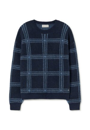 Suéter azul marino con un patrón a cuadros en azul claro, que presenta un cuello redondo, mangas largas y puños y dobladillo acanalados. Textura suave.