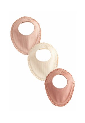 Three baby bibs with ruffled edges; colors include soft pink, cream, and dark pink, made of textured fabric with a rounded neckline.