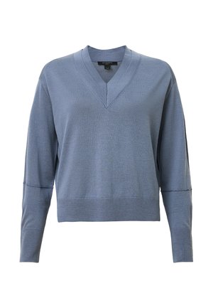 Maglione azzurro chiaro a V con maniche lunghe, polsini e orlo a coste, realizzato in un morbido materiale a maglia, con una vestibilità rilassata e dettagli minimi.