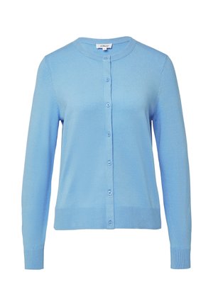 Cardigan azzurro chiaro realizzato in materiale morbido, dotato di scollatura rotonda, chiusura con bottoni e orli a coste alle maniche e al fondo. Vestibilità classica con maniche lunghe.