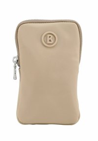 Pochette en silicone beige de forme arrondie, fermeture éclair et surface texturée. Elle présente un logo circulaire avec la lettre « B » sur le devant.