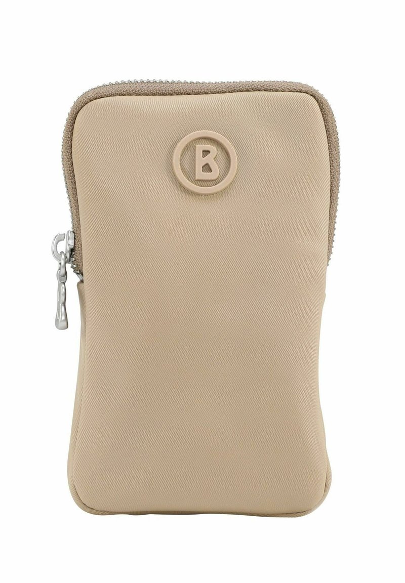 Pochette en silicone beige de forme arrondie, fermeture éclair et surface texturée. Elle présente un logo circulaire avec la lettre « B » sur le devant.