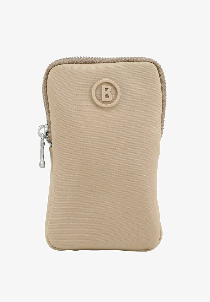 Pochette en silicone beige de forme arrondie, fermeture éclair et surface texturée. Elle présente un logo circulaire avec la lettre « B » sur le devant.