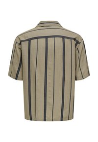 Short-sleeve shirt in beige fabric with dark vertical stripes. Features a classic collar and a relaxed fit. Smooth texture, simple design.