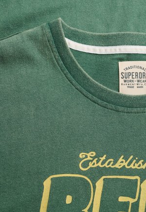 Felpa verde con scollo a girocollo, con testo parziale giallo "Establish" e un'etichetta visibile con la scritta "Superdry Work-Wear Garment MFG Co."
