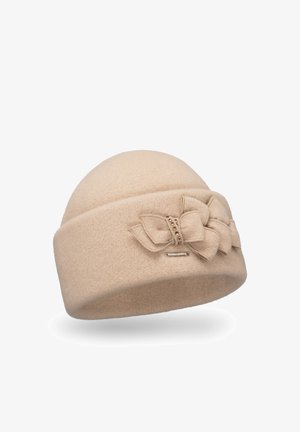 Beige hoed van een wolmix met een ronde top, brede band en een decoratieve strik met kleine versieringen aan de zijkant. Zachte textuur, gladde afwerking.