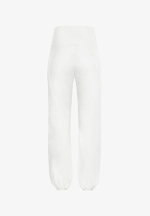 White, loose-fit sweatpants with an elastic waistband and gathered ankle cuffs, made of soft fabric, featuring a smooth, clean design.