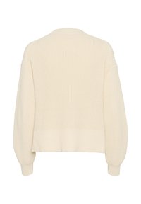 Crèmekleurige gebreide cardigan, met een verkorte lengte, ribbelmanchetten en -zoom, van textuurstof en met een eenvoudige ronde halslijn.