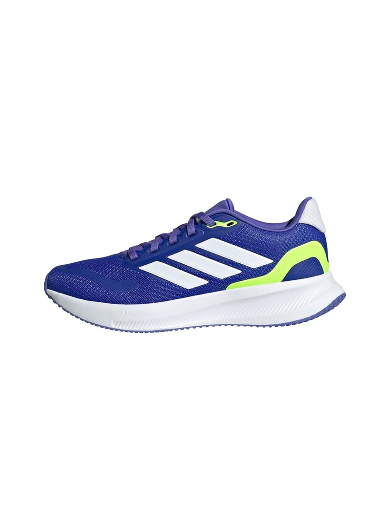 Chaussure de sport violette avec trois bandes blanches, accentuée par un panneau de talon vert lime. Tige en mesh léger et semelle blanche rembourrée.