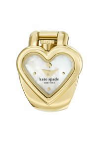 Gold heart-shaped watch with a white mother-of-pearl dial. Features gold accents, a distinct crown, and black printed brand name.