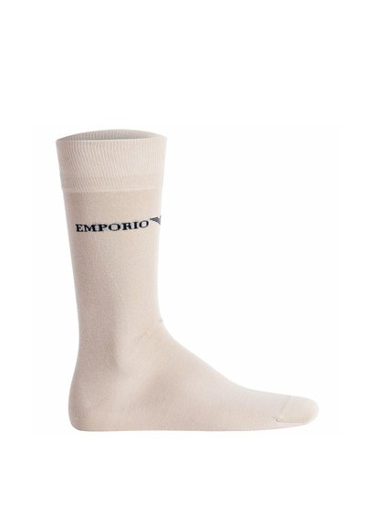 Chaussette beige montante avec texte noir "EMPORIO" et logo près du haut, présentée en vue latérale sur fond blanc.