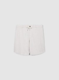 Light beige shorts made of a woven fabric with a drawstring waist and a single front button. Features side pockets and a subtle texture.