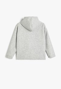 Sudadera de forro polar gris con una textura suave, que presenta una gran capucha y mangas anchas. La parte trasera es sencilla, sin detalles ni patrones adicionales.