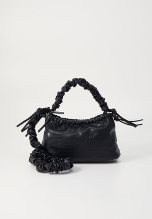 Black faux leather handbag with a crocodile texture, cinched top, and a scrunched strap. Appears soft and compact in design.