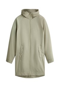 Jachetă impermeabilă lungă, de culoare verde deschis, cu glugă, fermoar frontal și buzunare laterale. Textură netedă, mâneci raglan și croială dreaptă.