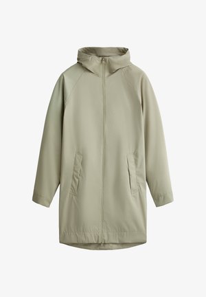 Light green, long waterproof jacket with a hood, front zipper, and side pockets. Smooth texture, raglan sleeves, and a straight cut.