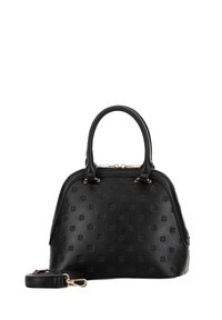 Zwarte handtas met een gestructureerde vorm, gemaakt van geperforeerd leer. Heeft dubbele handvatten, een afneembare schouderriem en accenten van goudkleurig beslag.