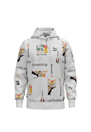 Biała bluza z kapturem z wielokolorowymi logo Puma, czarnymi sylwetkami pumy oraz tekstem, w tym "Sportstyle" i "Formstrip", nadrukowanymi na całej powierzchni.