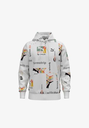 Sweat à capuche blanc avec des logos Puma multicolores, des silhouettes de puma noires et du texte comprenant "Sportstyle" et "Formstrip" imprimés partout.