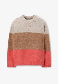 Pull en tricot à col rond, de couleur beige, marron et corail, avec une finition texturée et des poignets et un ourlet côtelés.