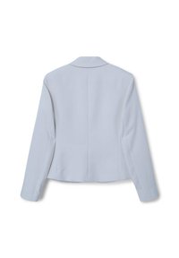 Blazer su misura per donna di color blu chiaro, con maniche lunghe, mostrato da dietro su uno sfondo bianco.