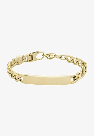 Bracelet en chaîne dorée avec une plaque plate et rectangulaire. Le fermoir est de type homard, avec une finition lisse et polie.