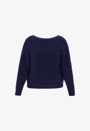 Suéter borroso azul marino con cuello redondeado y mangas largas, con un bajo acanalado y tela suave con textura.