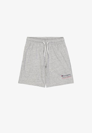 Grijze katoenen sportshorts met een elastische tailleband en een witte trekkoord. Kenmerkt een rood en blauw Champion-logo aan de linkeronderzijde.