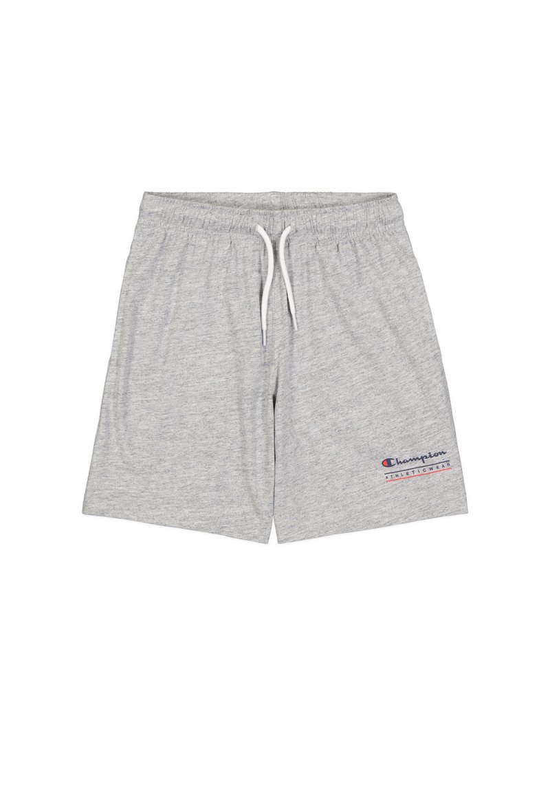Pantaloni corti sportivi grigi in cotone con cintura elastica e cordino bianco. Presentano un logo Champion rosso e blu sul lato sinistro inferiore.
