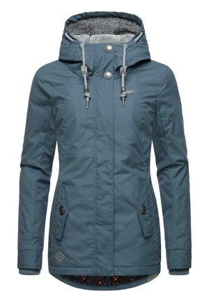 Padded blue jacket with a textured gray hood lining, two side pockets, drawstring, and a patterned inner lining. Features metal accents.