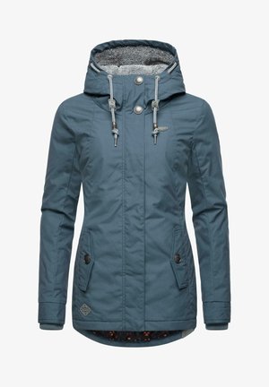 Padded blue jacket with a textured gray hood lining, two side pockets, drawstring, and a patterned inner lining. Features metal accents.