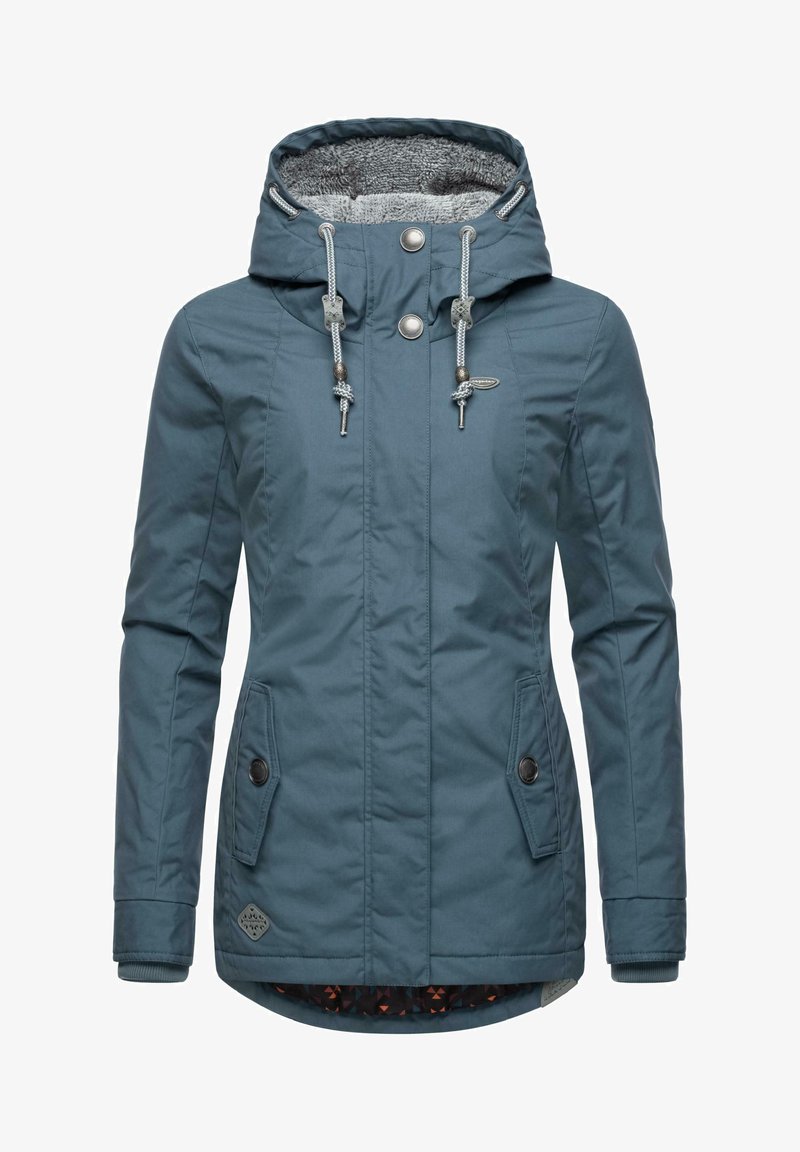 Gestepptes blaues Jacket mit einer strukturierten grauen Kapuzenfutter, zwei seitlichen Taschen, Kordelzug und einem gemusterten Innenfutter. Mit metallischen Akzenten.