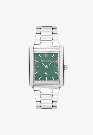 Stříbrné kovové náramkové hodinky obdélníkovým zeleným ciferníkem, stříbrnými hodinovými značkami a dvěma stříbrnými ručičkami ukazujícími čas 10:10.