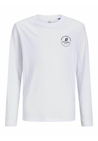 Vit långärmad t-shirt med en tryckt logotyp i svart på vänster bröstområde, tillverkad av bomull med normal passform och rund hals.