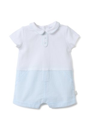 Babyromper met korte mouwen, witte bovenkant, Peter Pan-kraag, knoopsluiting en lichtblauwe gestreepte korte broek als onderkant.