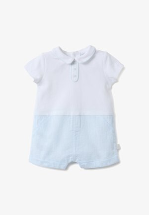 Babyromper met korte mouwen, witte bovenkant, Peter Pan-kraag, knoopsluiting en lichtblauwe gestreepte korte broek als onderkant.