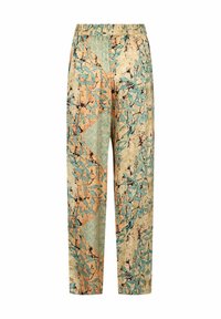 Luftige, gemusterte Hosen mit einer Mischung aus grünen, blauen und orangefarbenen Tönen, mit einem bequemen elastischen Bund und leichter Stoffqualität.