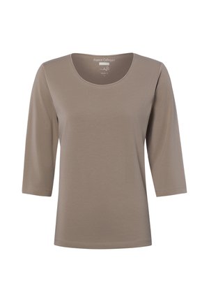 Taupe short-sleeve crew neck shirt with regular fit, displayed against a white background.