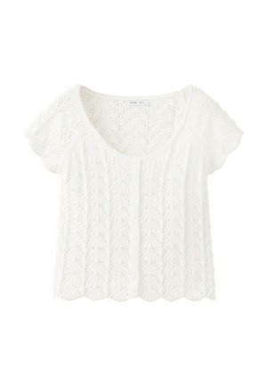 Cardigan blanc à manches courtes en tricot avec bords festonnés, motif en dentelle florale et fermeture boutonnée à l'avant.