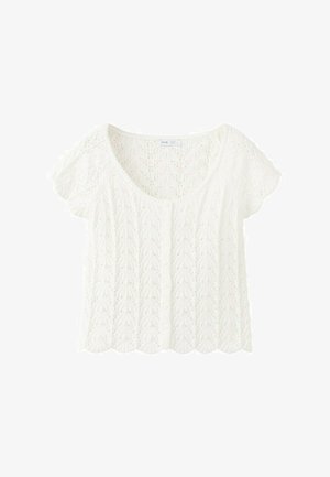 Biely pletený kardigán s krátkym rukávom, zosilnenými okrajmi v tvare vĺn, kvetinovým čipkovaným vzorom a zapínaním na gombíky vpredu.