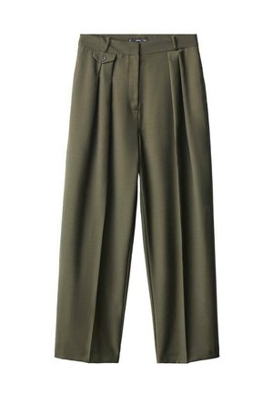 Pantalones de pierna ancha verde oliva hechos de una tela suave, que cuentan con pliegues frontales, un cierre de botón y dos bolsillos laterales.