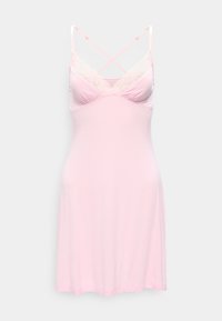 Hellrosa Unterkleid mit Spitzenbesatz am V-Ausschnitt und dünnen, gekreuzten Spaghettiträgern vor grauem Hintergrund.