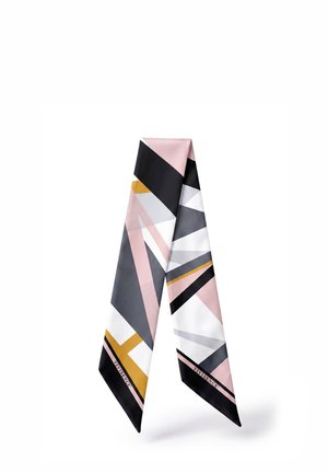 Sciarpa sottile con motivo geometrico in tonalità rosa, nero, bianco, grigio e giallo, appesa con estremità appuntite.