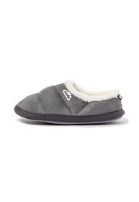 Zapatillas grises con un suave forro de piel sintética blanca, parte superior acolchada y suela de goma negra. Presentan un logo en el costado y un diseño de tipo fácil de poner.