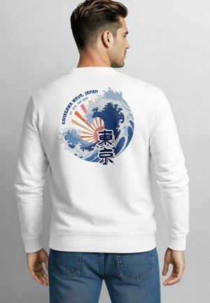 White sweatshirt featuring a vibrant blue wave design with Japanese text and a sunburst pattern on the back. Soft fabric, crew neck.